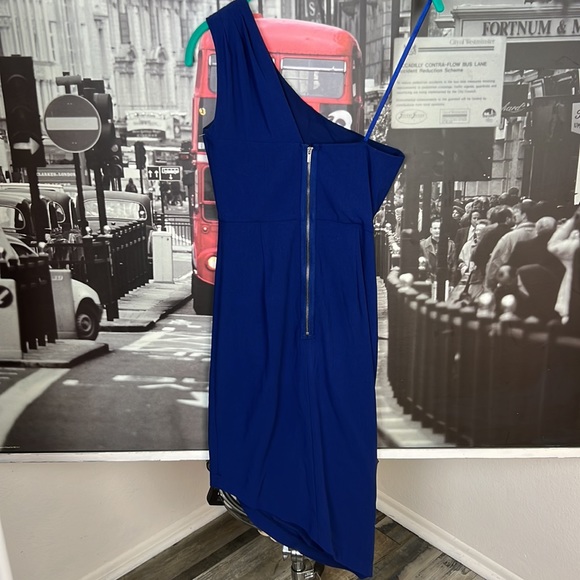 BCBGMAXAZRIA BLUE DEPTH LESLIE ONE-SHOULDER DRESS ASYMMETRICAL BODYCON SZ. 2 - Picture 4 of 16